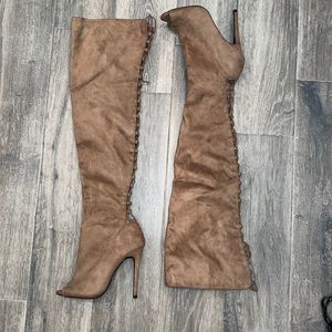 Brown suede tie up over the knee boots